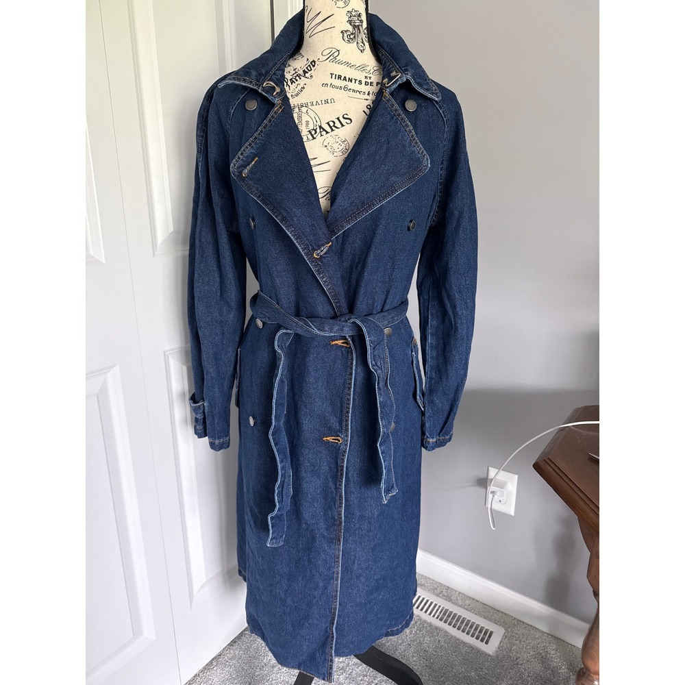 Universal Thread Womens Dark Wash Denim Belted Trench Coat Jacket Small NEW